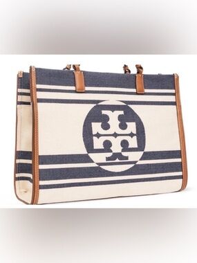 Tory Burch Navy and Cream Striped Ella Tote
